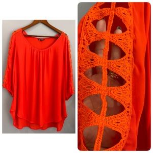 Unique Spectrum Sheer Lace 1/4 Sleeve Orange Blouse Plus Size 1X polyester
